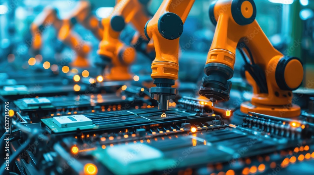 Poster advanced high precision robot arms on fully automated pcb assembly line inside modern electronics fa
