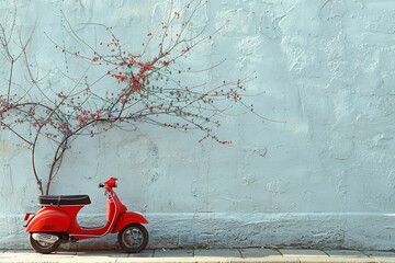 A red scooter is parked next to a tree