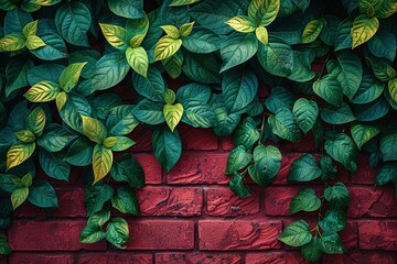 A brick wall covered in green leaves - Powered by Adobe