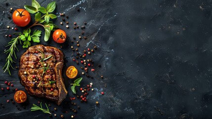 Grilled ribeye steak with herbs and spices, top view with empty space for your text