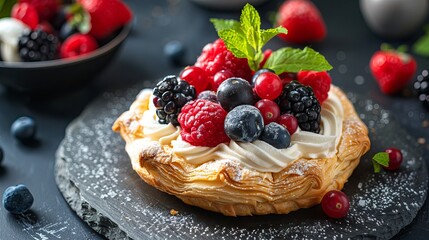 Fruity French pastry filled with creamy goodness, topped with berries, and set on a dark background. Perfect for menus or recipes.
