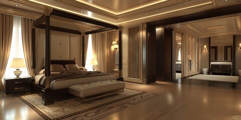 Elegant master bedroom design in an apartment with a fourposter bed, walkin closet, and ensuite bathroom