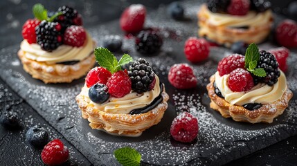 Fruity French pastry filled with creamy goodness, topped with berries, and set on a dark background. Perfect for menus or recipes.