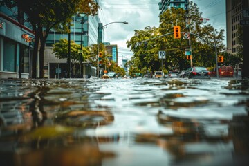 Flooded city streets major flood incident dangerous urban natural disaster thunderstorm emergency...