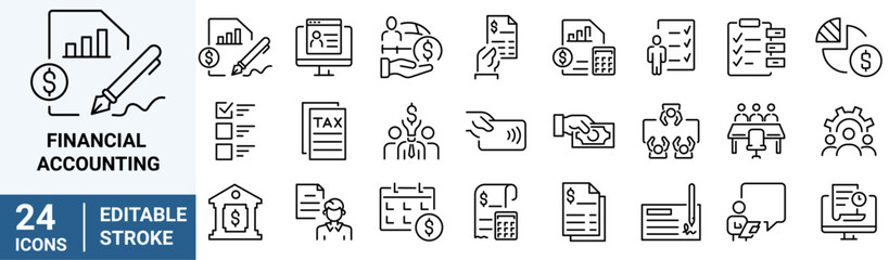 Financial Accounting line web icons Money and Coins. Audit, financial report editable stroke outline icons set