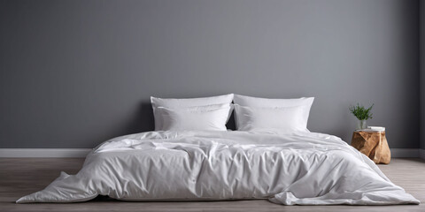 A minimalist bed with a single, crisp white blanket, set against a soft, gray wall, with a subtle, gradient texture