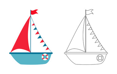 Coloring book sea sail boat contour outline flat vector illustration clip art isolated. Cute simple hand drawn design element