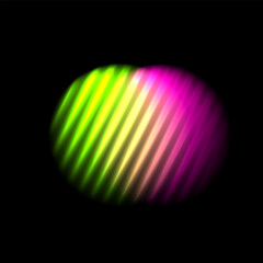 Gradation color shape ribbed glass effect. Neon blur fluid sphere on black background. Holographic iridescent graphic element. Stripes colorful pattern. Vector illustration