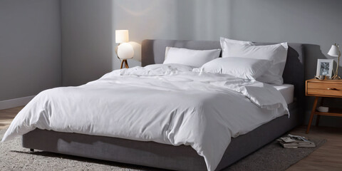 A minimalist bed with a single, crisp white sheet, rumpled in a gentle, inviting way, set against a soft, gray wall