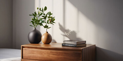 A minimalist bedside table with a single, modern vase, set against a wall with a subtle, texture pattern