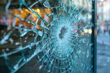 Broken shop glass window or door, store, office or house