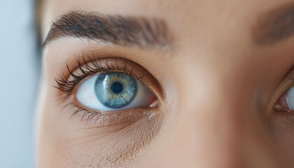 Obraz premium Vision test chart and laser reticle focused on woman's eye against light grey background, closeup