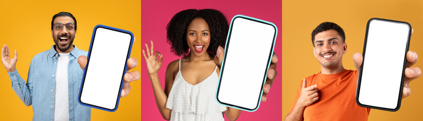 Multiracial young people one lady and two men holding phones with blank screens and gesturing over...