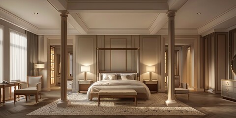 Spacious bedroom with a fourposter bed, elegant decor, and soft lighting