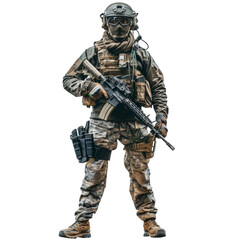 Obraz premium Fully equipped military soldier with a rifle, standing isolated on a transparent background