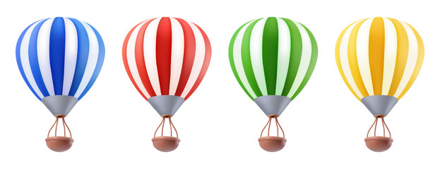Hot air baloon striped with retro basket . Rising up airship, clay illustration isolated on white background. Aerostat for ballooning wind festival. Fly up to sky journey symbol. Travel in clouds