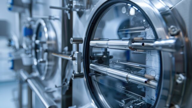 Close-up of an autoclave sterilizing laboratory instruments, ensuring aseptic conditions for experiments
