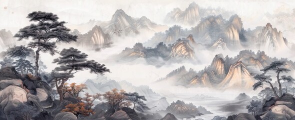 Hand drawn watercolor landscape. Norway, cold nature. Mural Wallpaper. AI generated illustration