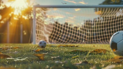 Obraz premium Two balls near the soccer gates 