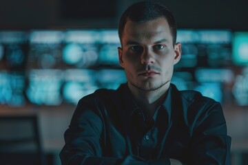 Serious man with intense gaze in dark, tech-oriented setting