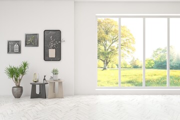 White empty room with summer landscape in window. Scandinavian interior design. 3D illustration