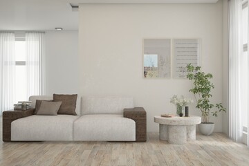 White living room with sofa. Scandinavian interior design. 3D illustration
