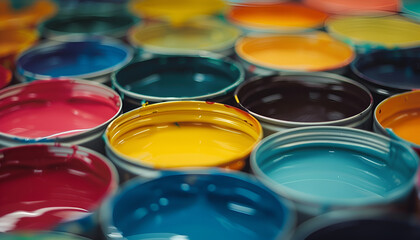 Cans of different colorful paints as background