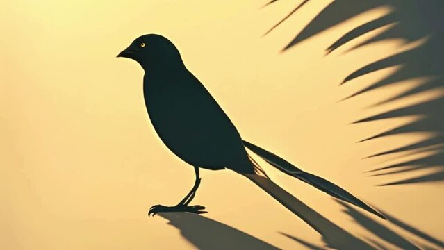 The shadow of a bird flies over a blurry palm tree outline on a pale wall