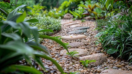 Obraz premium A photo of a rain garden pathway lined with smooth stones and surrounded by lush native plants.