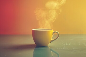 Hot coffee cup steaming on table