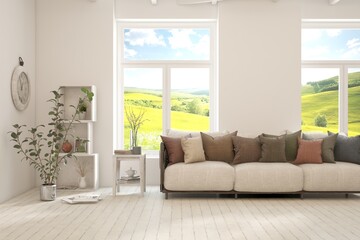 White living room with sofa and summer landscape in window. Scandinavian interior design. 3D illustration