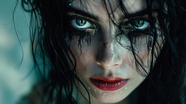 Gothic woman with intense makeup, Halloween dark mood