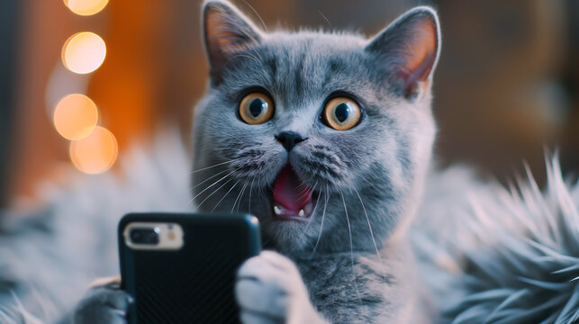 A small gray cat with surprised emotion while playing and joyfully exaggeratedly with smartphone, looking smartphone