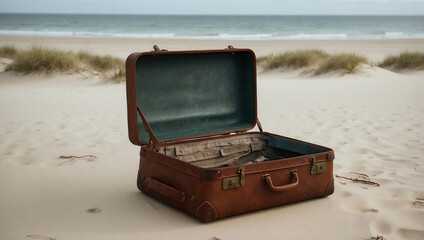 Brown retro, old suitcase on a beautiful sandy beach, find, treasure.