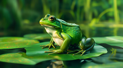 Obraz premium Green frog sitting on green leaf at a pond