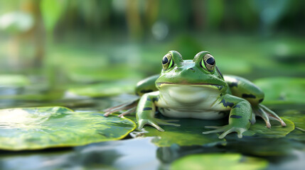 Obraz premium Green frog sitting on green leaf at a pond