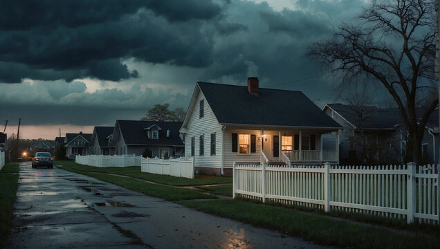 An approaching storm, a storm on suburban houses in the evening.