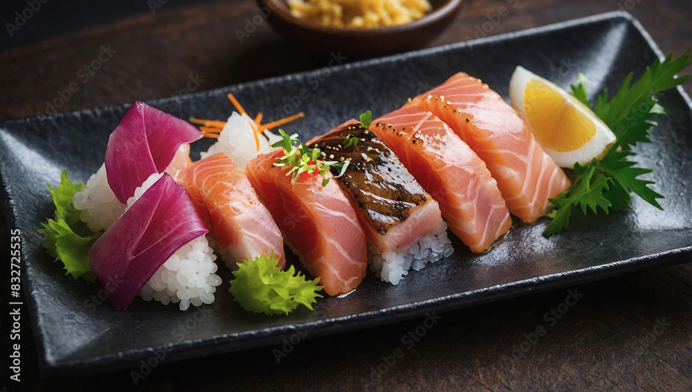 Wall mural sushi made from fresh raw fish, tuna and salmon on a plate, a dish of japanese cuisine. - Wall murals
