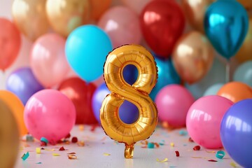 8. Geburtstag, "8" aus goldenem Heliumballon, bunte Luftballons im Hintergrund, farbenfrohe Kinderparty