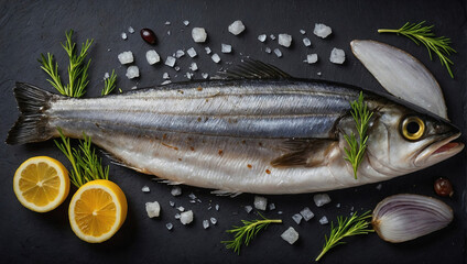 The salted herring lies on the black table.