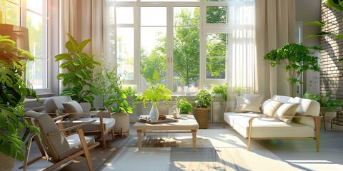 Fototapeta premium Bright sunroom design in an apartment with comfortable seating, plants, and large windows