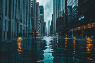 Fototapeta premium Flooded city streets major flood incident dangerous urban natural disaster thunderstorm emergency river traffic rescue injured people extreme conditions underwater catastrophe hurricane aftermath