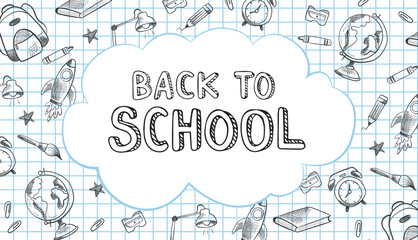 Back to school banner design in doodle cartoon style. Vector illustration with sketch outline element of education. 