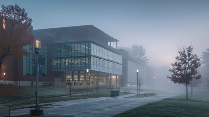 Early morning fog enveloping a biomedical research center, creating a serene yet mysterious atmosphere