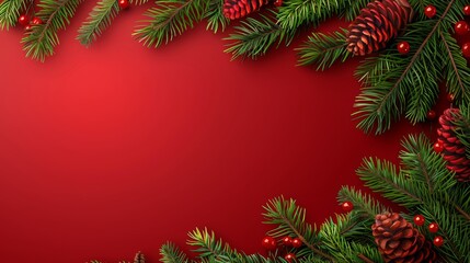 noel banner with ruby embellishments and fir twigs on a red panorama. christmas cheer card. new year’s accessory.