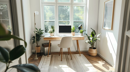 A white office with a desk, chair, and bookshelf
