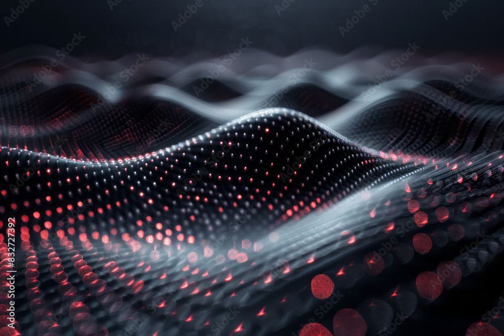 Poster dynamic sound waves in sharp, angular patterns, with contrasting light and dark tones,