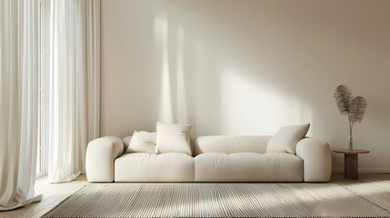A living room with a white couch and two coffee tables