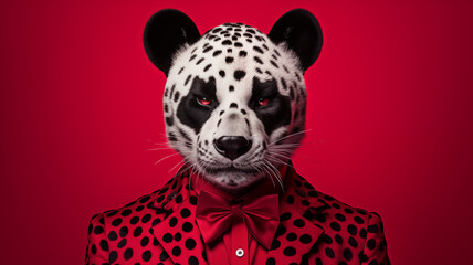 White panda close-up in a red jacket with a bow tie with a stern look. Banner with animal character for unusual design.