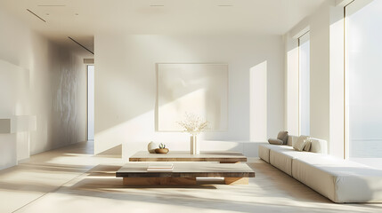 A white room with a large window and a white couch, minimalistic wall art